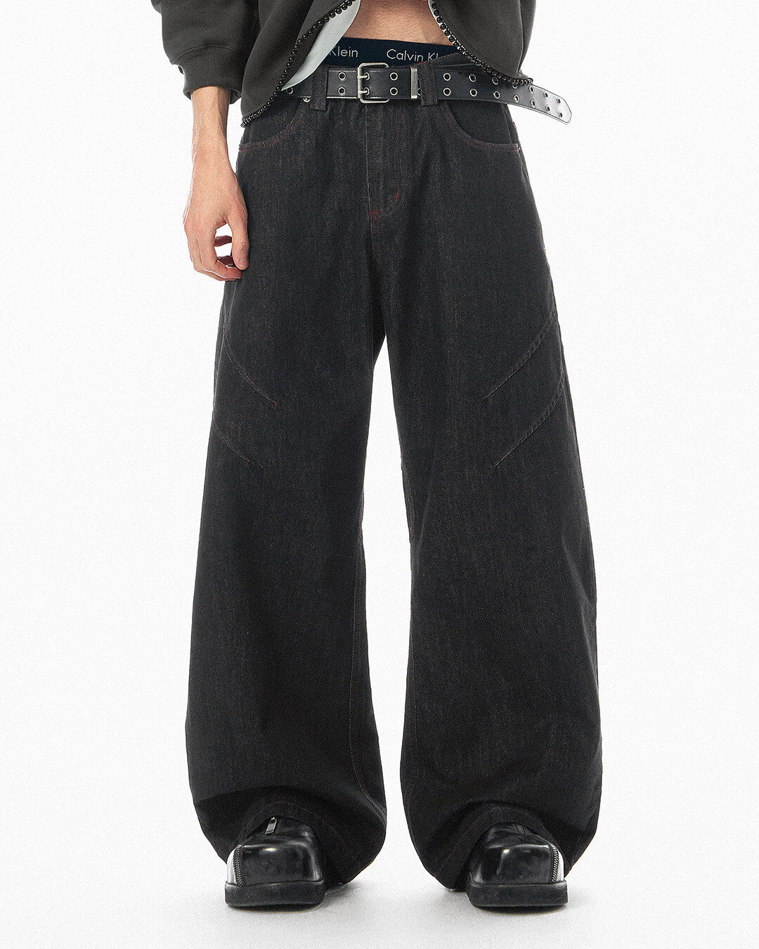 JHYQ Topstitch 3D Cut Black Baggy Flared Jeans | Face 3 Face