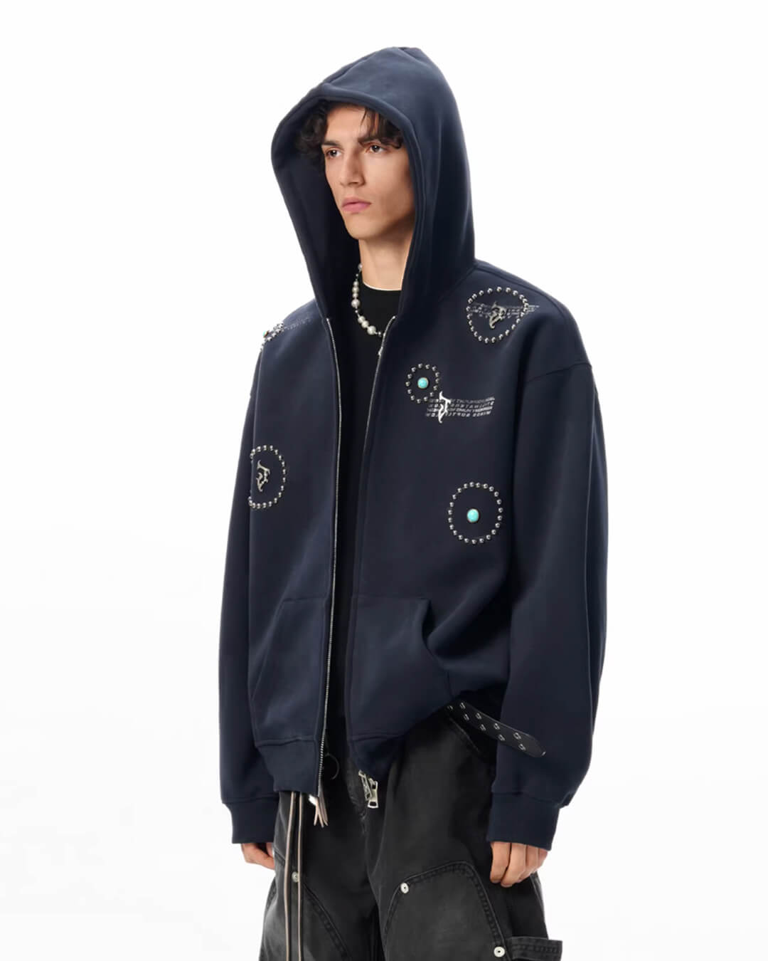 JHYQ Turquoise Accent Metal Logo Studded Circle Double Zipper Hoodie | Face 3 Face