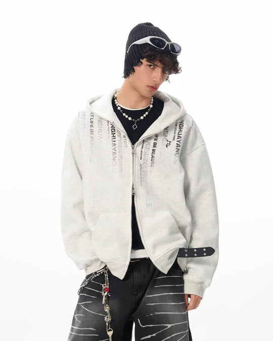 JHYQ Vertical Code Print Double Zipper Hoodie | Face 3 Face
