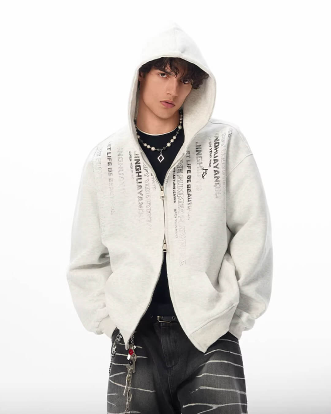JHYQ Vertical Code Print Double Zipper Hoodie | Face 3 Face