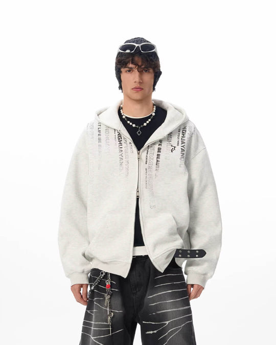 JHYQ Vertical Code Print Double Zipper Hoodie | Face 3 Face