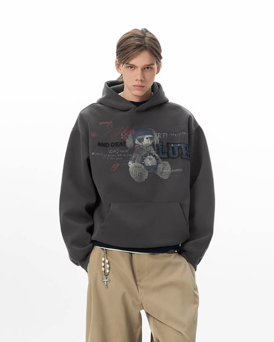 JHYQ Vintage Bear Print Bead Studded Hoodie | Face 3 Face