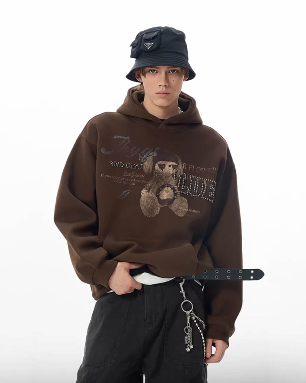 JHYQ Vintage Bear Print Bead Studded Hoodie | Face 3 Face