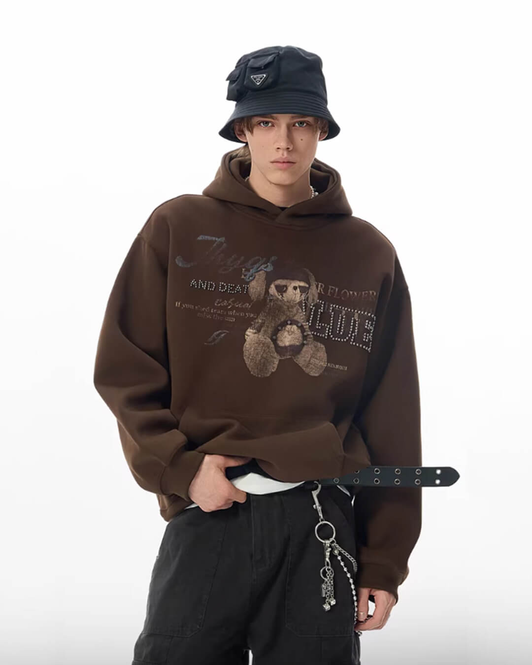 JHYQ Vintage Bear Print Bead Studded Hoodie | Face 3 Face
