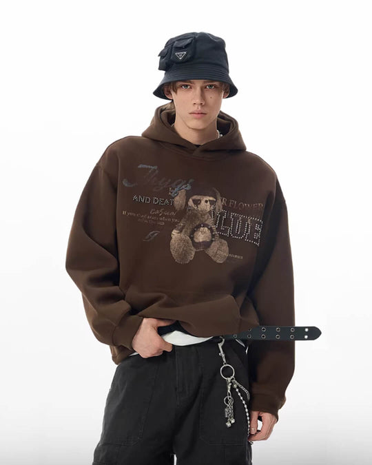 JHYQ Vintage Bear Print Bead Studded Hoodie | Face 3 Face