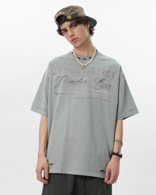 JHYQ Vintage Print Washed Distressed Tee | Face 3 Face