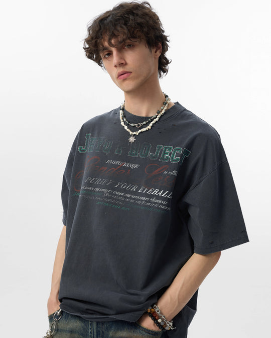 JHYQ Vintage Print Washed Distressed Tee | Face 3 Face