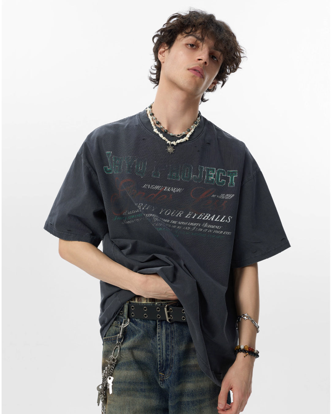 JHYQ Vintage Print Washed Distressed Tee | Face 3 Face