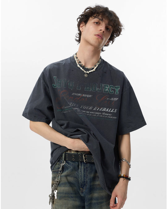 JHYQ Vintage Print Washed Distressed Tee | Face 3 Face