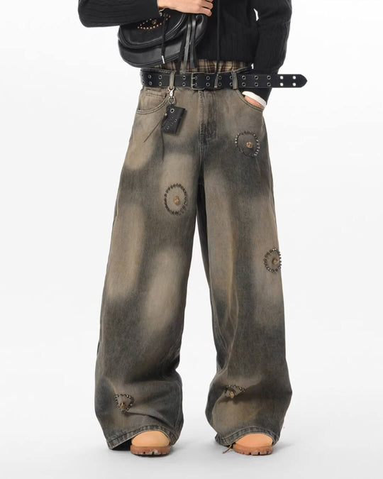 JHYQ Washed Ash Beaded Studded Curved Seam Machete Jeans | Face 3 Face