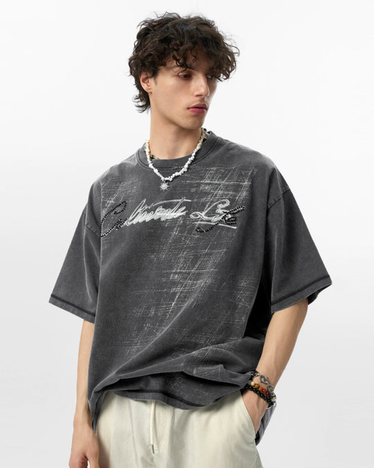 JHYQ Washed Beads Abrasion Print Tee | Face 3 Face