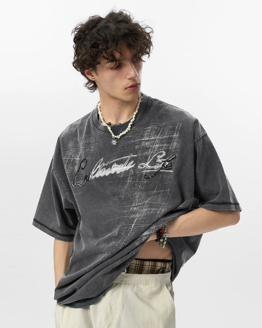 JHYQ Washed Beads Abrasion Print Tee | Face 3 Face