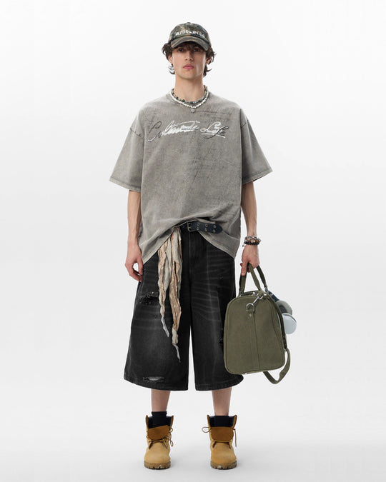 JHYQ Washed Beads Abrasion Print Tee | Face 3 Face