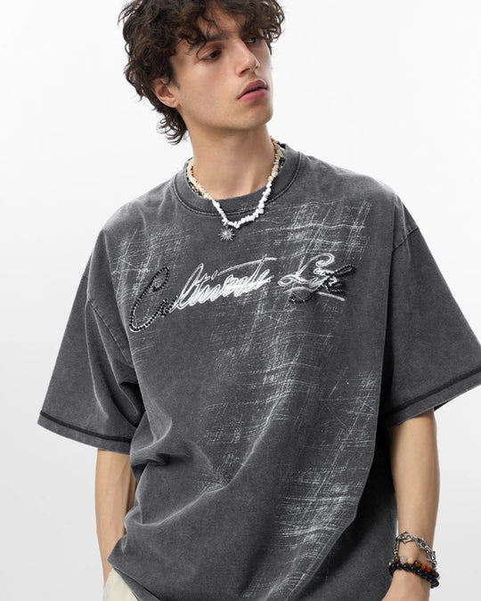 JHYQ Washed Beads Abrasion Print Tee | Face 3 Face