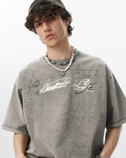 JHYQ Washed Beads Abrasion Print Tee | Face 3 Face