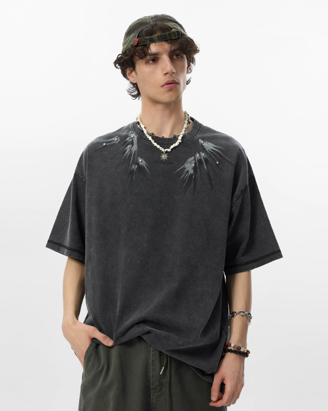 JHYQ Washed Diamond Studs Flash Print Tee | Face 3 Face