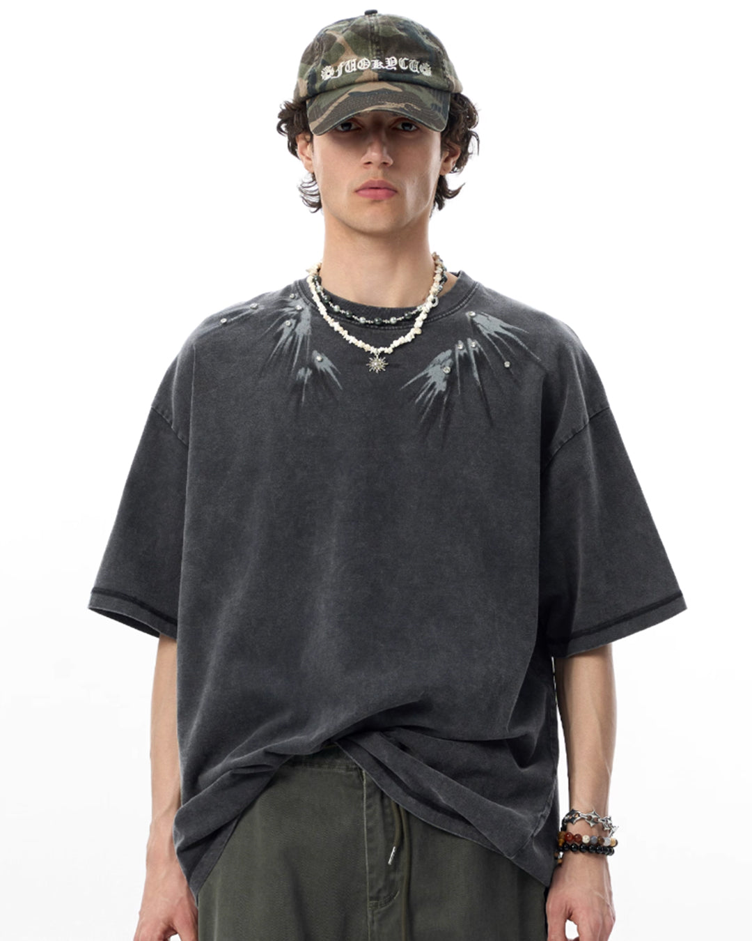 JHYQ Washed Diamond Studs Flash Print Tee | Face 3 Face