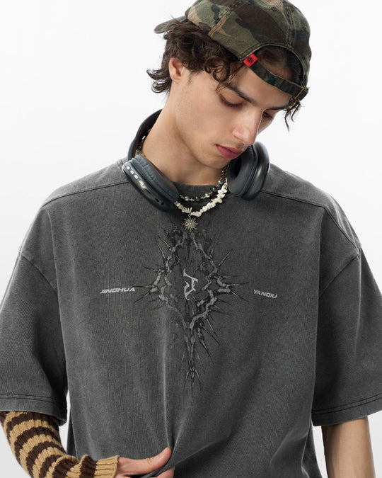 JHYQ Washed Thorn Logo Print Tee | Face 3 Face