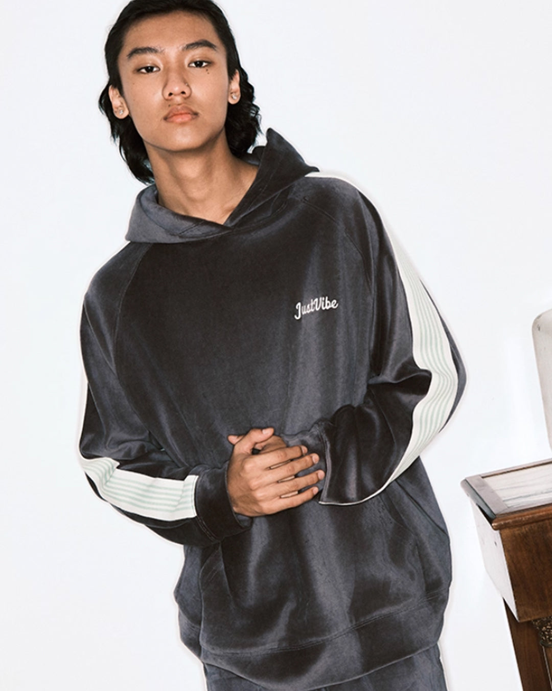 JUST VIBE Side Stripe Velvet Hoodie | Face 3 Face