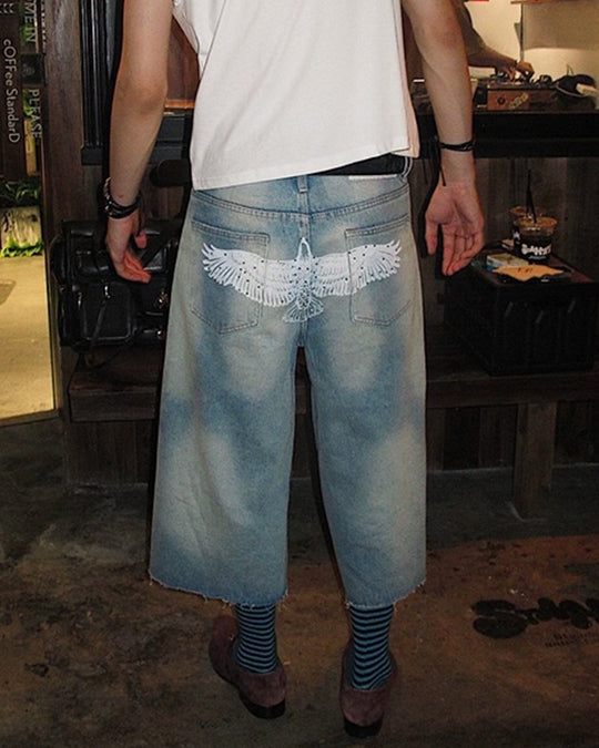 KARMANISTIC Eagle Print Washed Denim Jorts | Face 3 Face