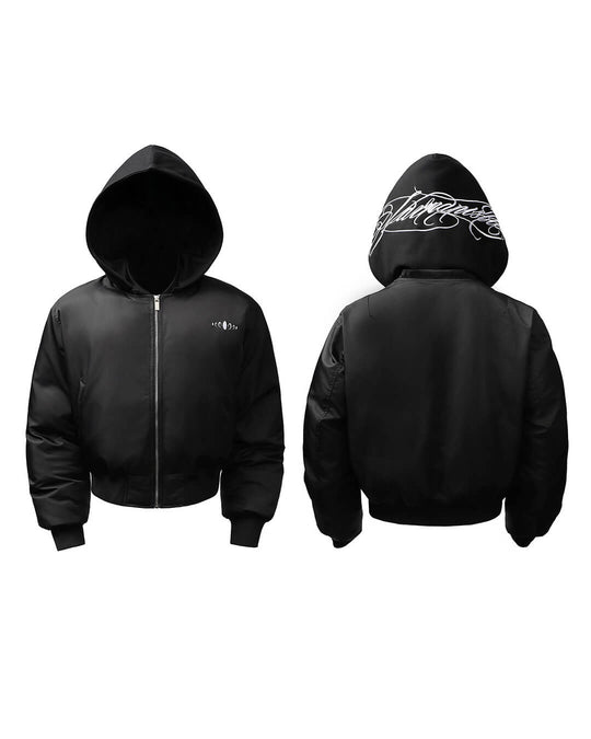 KARMANISTIC Embroidered Hooded Puffer Bomber Jacket | Face 3 Face