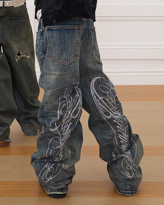 KARMANISTIC Washed Distressed Rhinestone Baggy Jeans | Face 3 Face