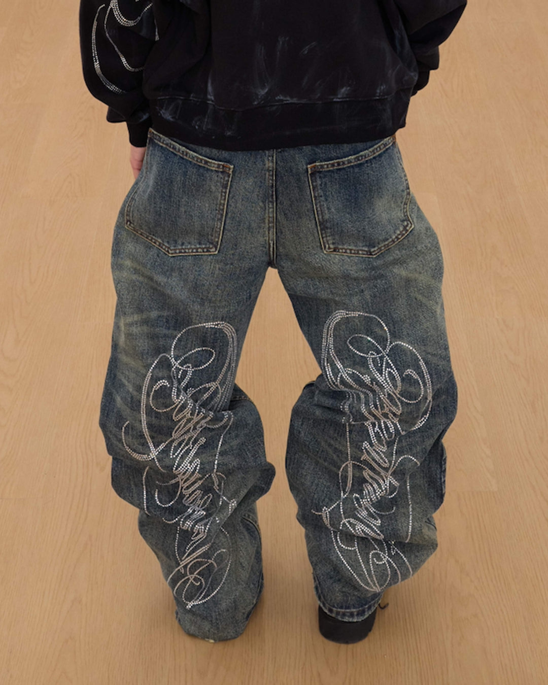 KARMANISTIC Washed Distressed Rhinestone Baggy Jeans | Face 3 Face