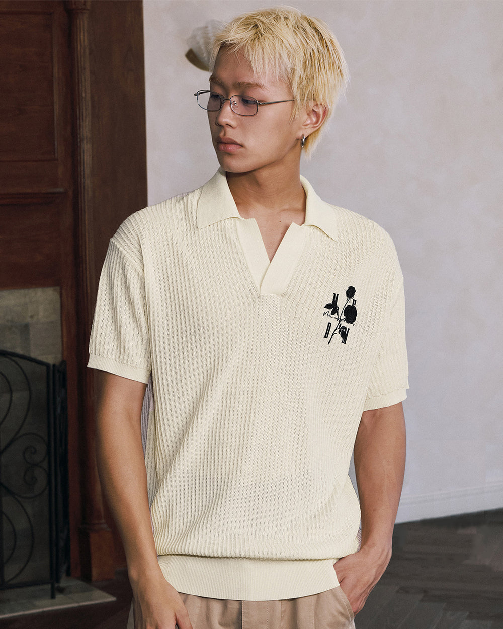 MEDM Rose Embroidered Textured Stripe Knit Polo | Face 3 Face