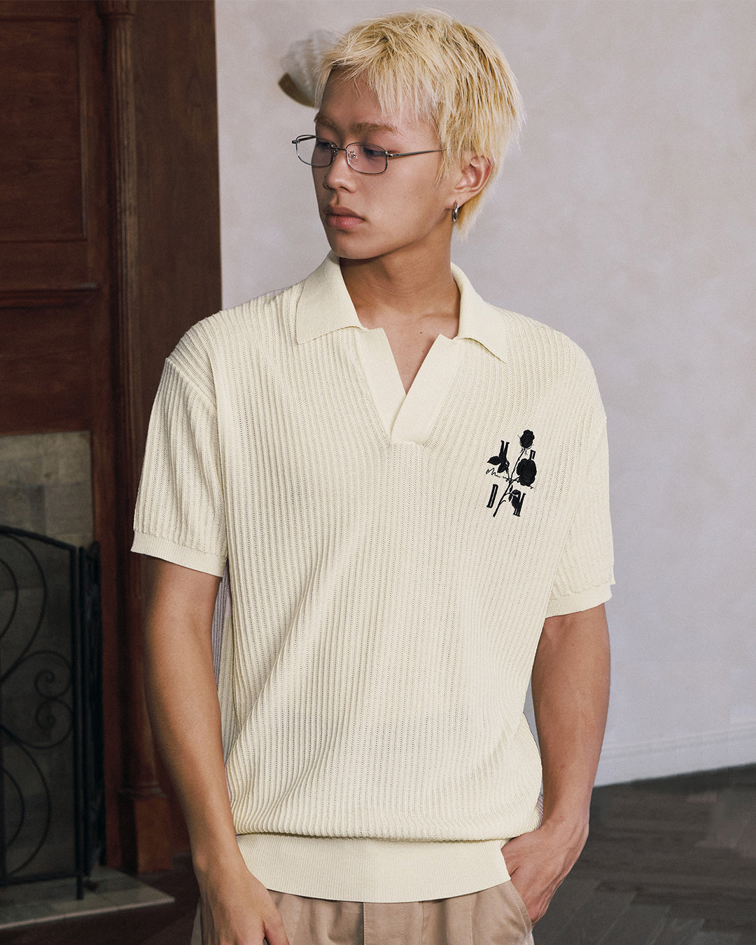 MEDM Rose Embroidered Textured Stripe Knit Polo | Face 3 Face