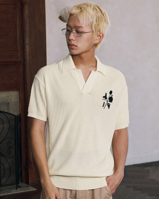 MEDM Rose Embroidered Textured Stripe Knit Polo | Face 3 Face