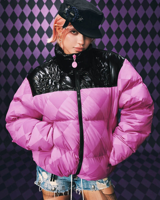 MEDM × JOJO Color Block Diamond Plaid Down Jacket | Face 3 Face