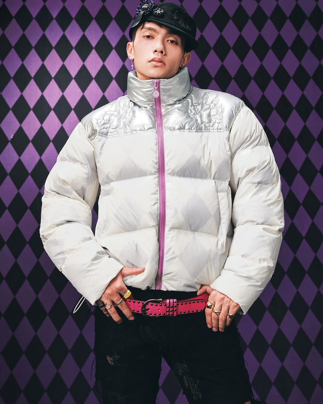MEDM × JOJO Color Block Diamond Plaid Down Jacket | Face 3 Face