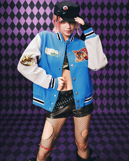 MEDM × JOJO Embroidered Patch Varsity Jacket | Face 3 Face