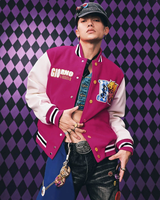 MEDM × JOJO Embroidered Patch Varsity Jacket | Face 3 Face
