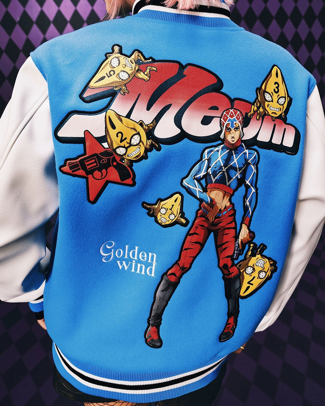 MEDM × JOJO Embroidered Patch Varsity Jacket | Face 3 Face