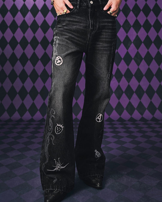 MEDM × JOJO Icon Embroidery Washed Distressed Jeans | Face 3 Face