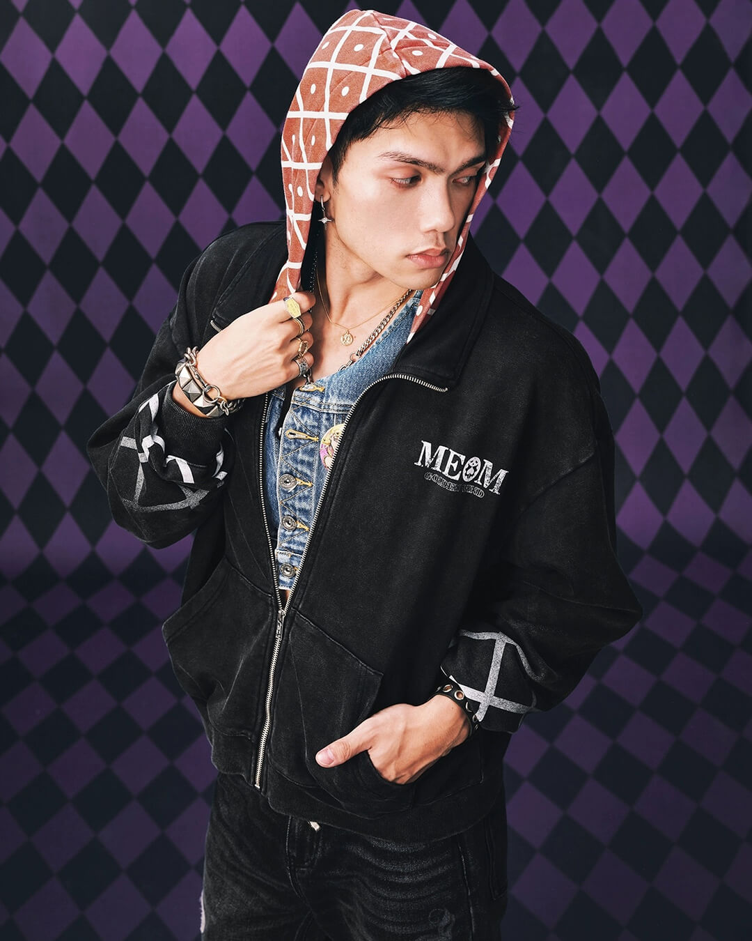 MEDM × JOJO Plaid Hooded Washed Zip Up Hoodie | Face 3 Face
