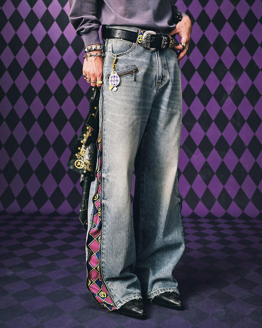 MEDM × JOJO Side Zipper Contrast Checkered Washed Jeans | Face 3 Face