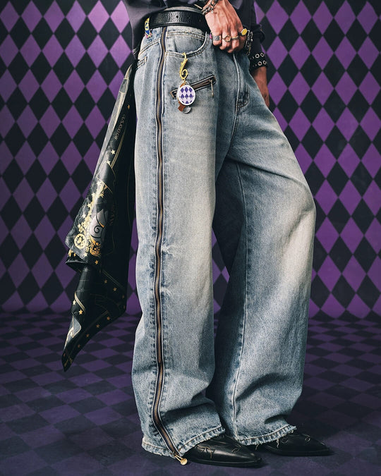 MEDM × JOJO Side Zipper Contrast Checkered Washed Jeans | Face 3 Face