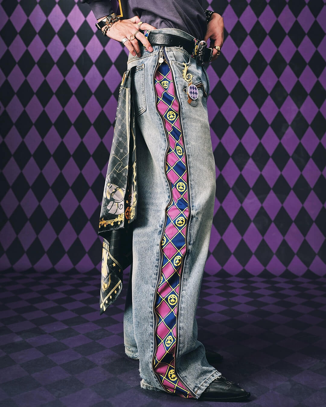 MEDM × JOJO Side Zipper Contrast Checkered Washed Jeans | Face 3 Face