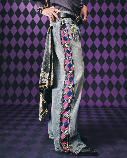 MEDM × JOJO Side Zipper Contrast Checkered Washed Jeans | Face 3 Face