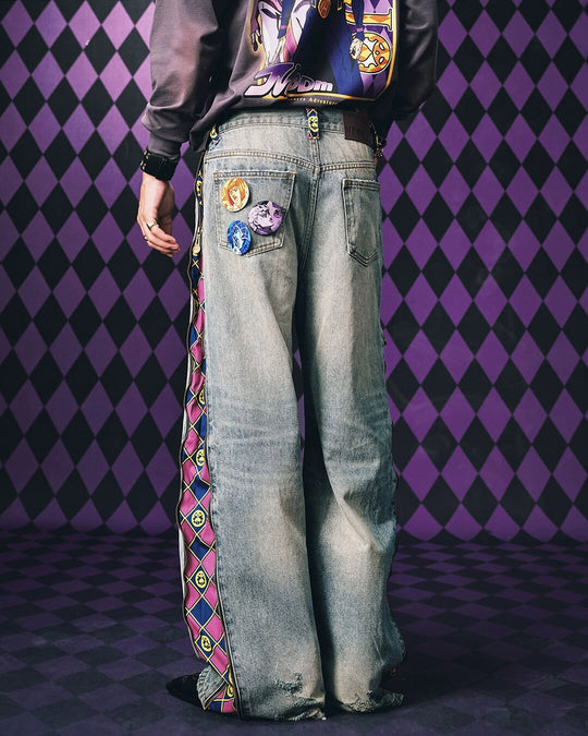 MEDM × JOJO Side Zipper Contrast Checkered Washed Jeans | Face 3 Face