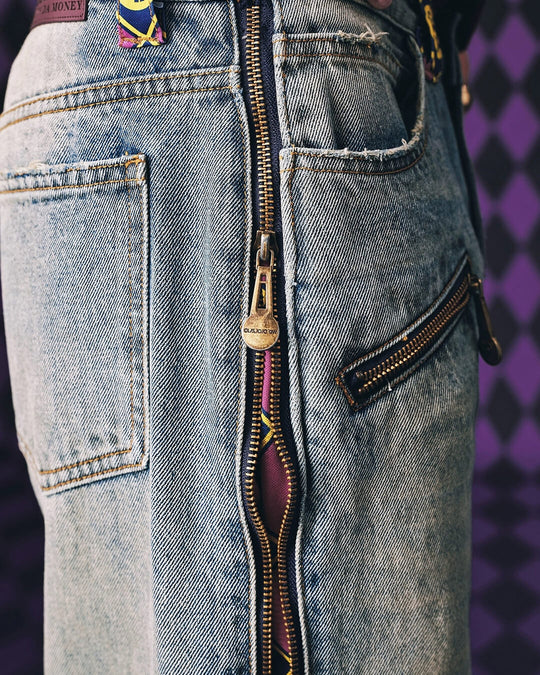 MEDM × JOJO Side Zipper Contrast Checkered Washed Jeans | Face 3 Face