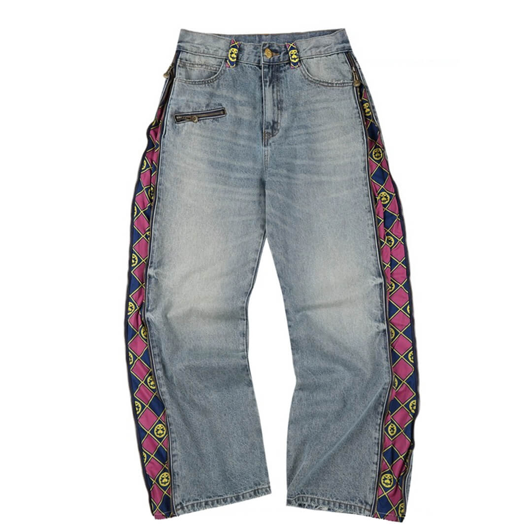 MEDM × JOJO Side Zipper Contrast Checkered Washed Jeans | Face 3 Face