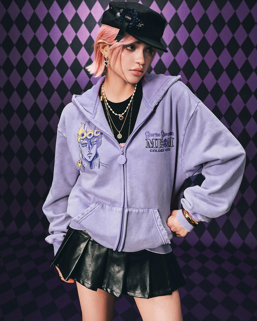 MEDM × JOJO Washed Graphic Print Zip Up Hoodie | Face 3 Face