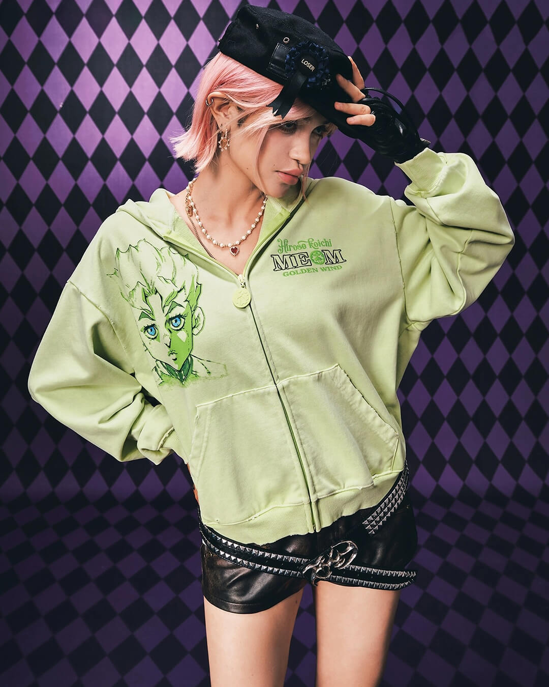 MEDM × JOJO Washed Graphic Print Zip Up Hoodie | Face 3 Face