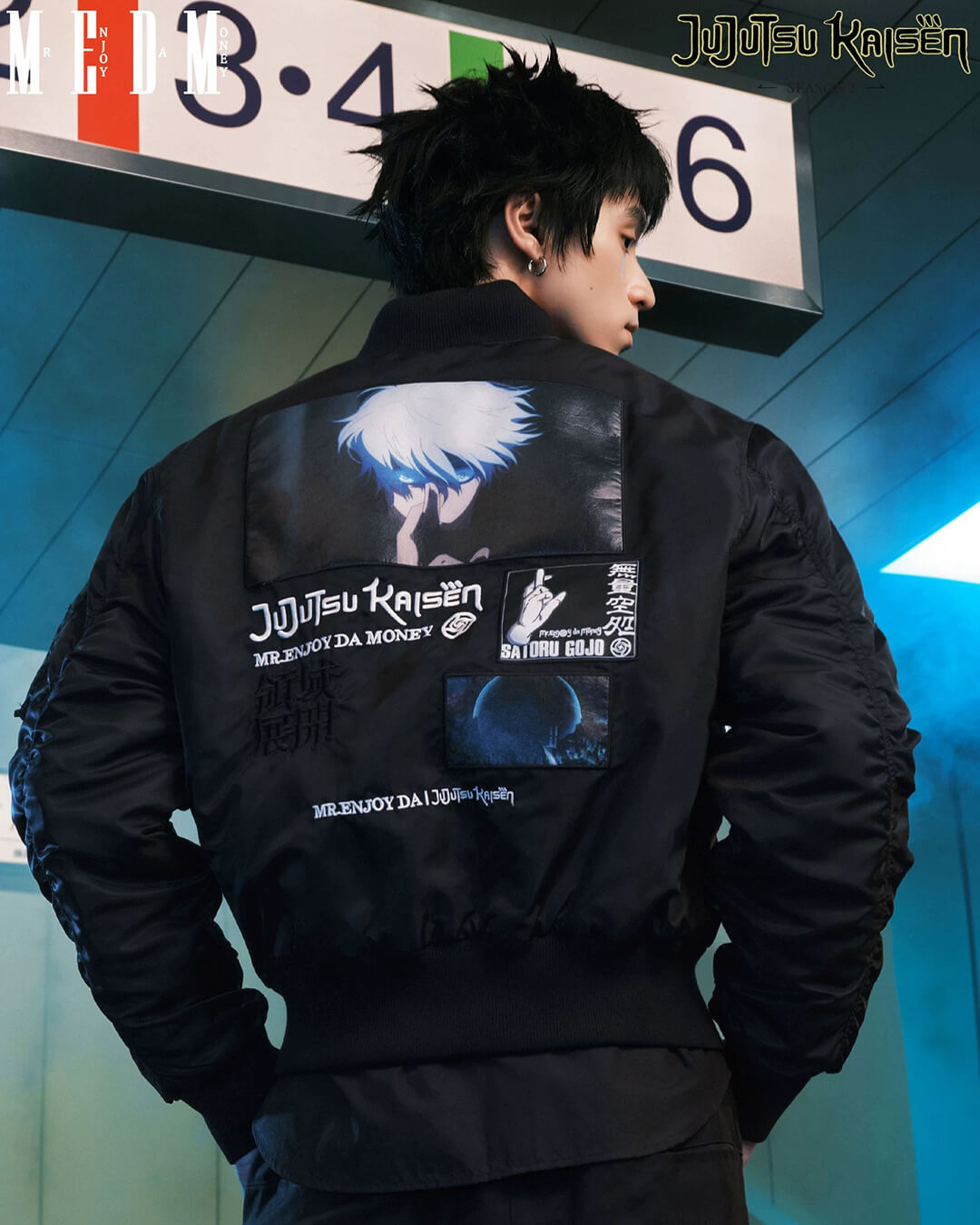 MEDM × Jujutsu Kaisen Satoru Gojo Print Patch MA-1 Bomber Jacket | Face 3 Face