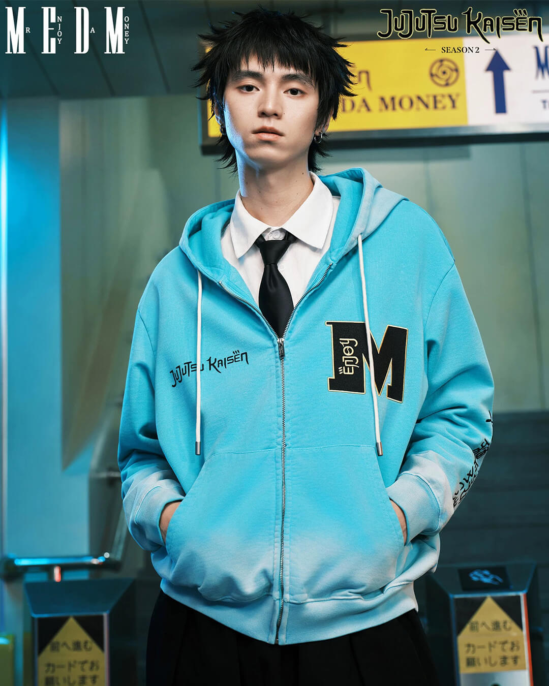 MEDM × Jujutsu Kaisen Washed Character Print Embroidered Zip Up Hoodie | Face 3 Face