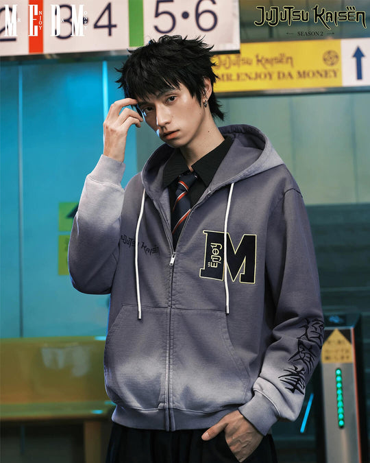 MEDM × Jujutsu Kaisen Washed Character Print Embroidered Zip Up Hoodie | Face 3 Face