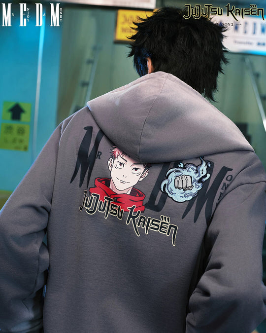 MEDM × Jujutsu Kaisen Washed Character Print Embroidered Zip Up Hoodie | Face 3 Face
